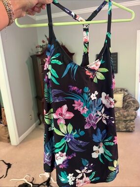 Island Escape Black Floral Tankini with Pink, Purple, Green Accents